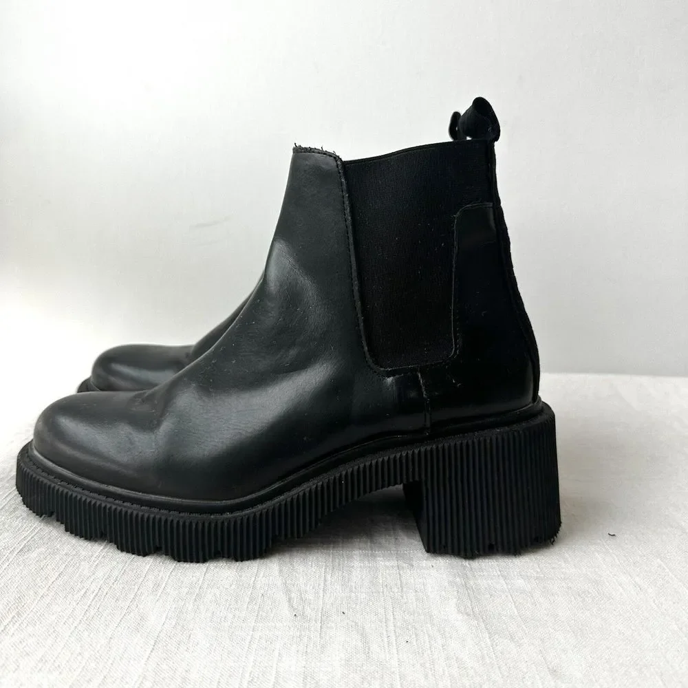 Zara Lug‎ Sole Ankle Platform Boots Black Size 38 Chunky Heel US 7.5